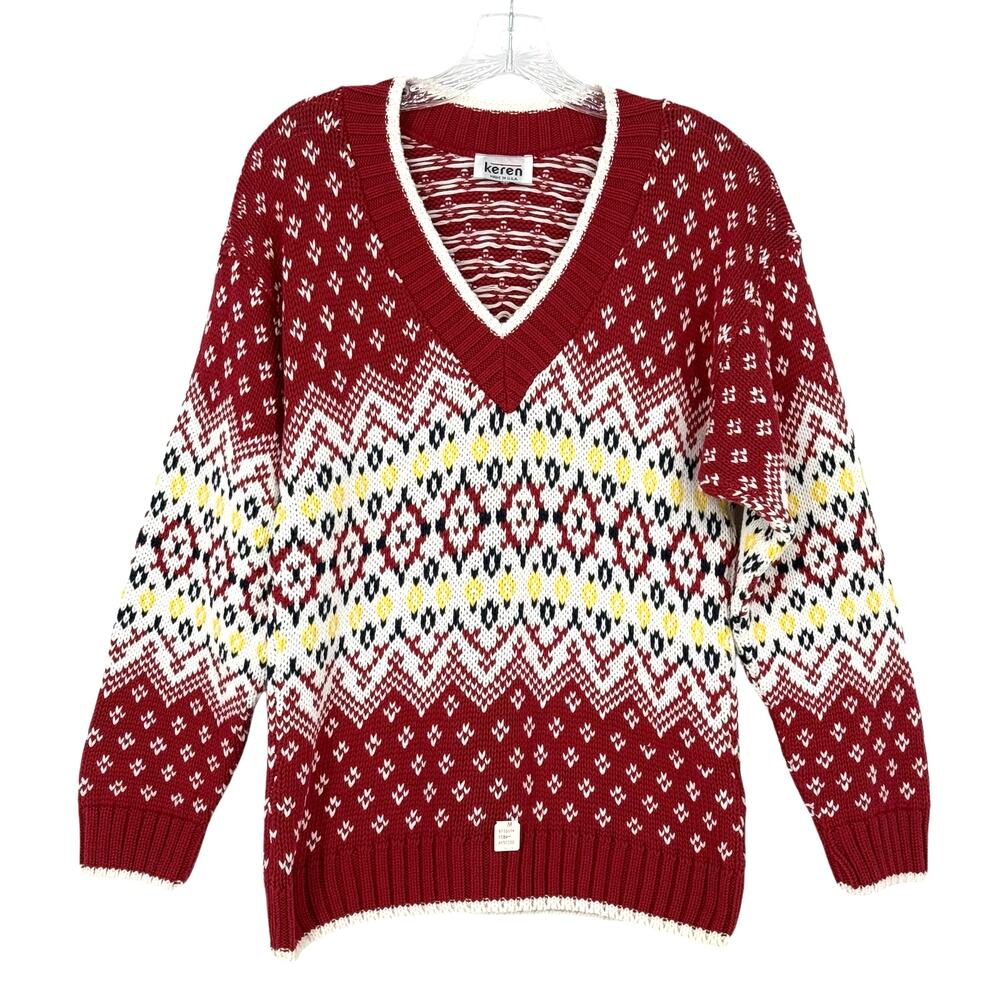 NWT Keren V-Neck Red White Yellow Holiday Sweater Sz Med Christmas Ski Cabin
